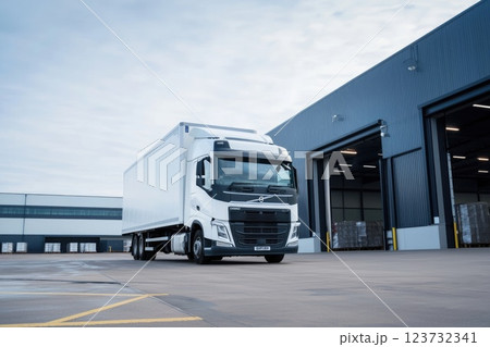 A large white semi truck is parked in a lot next to a building 123732341