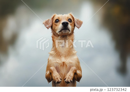 Cute Dog Standing on Hind Legs by Water with Curious Expression in Soft Natural Light 123732342