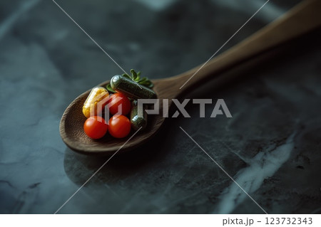 Macro Shot of Colorful Capsules and Cherry Tomatoes on Spoon 123732343
