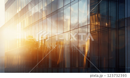 A large glass building with a sun shining through the windows 123732393