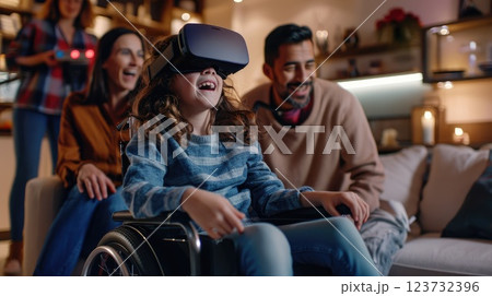 Empowering Virtual Reality Experience for a Young Girl in Wheelchair with Supportive Family in Modern Living Room. Empowering Virtual Reality Experience for a Young Girl in Wheelchair with Supportive Family in Modern Living Room. 123732396