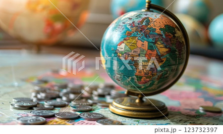 A globe sits on a table with a pile of coins A globe sits on a table with a pile of coins 123732397