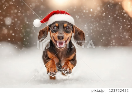 Cute Dachshund in Santa Hat Among Winter Snow 123732432