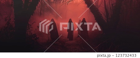 Three people are walking through a forest in the dark Three people are walking through a forest in the dark 123732433