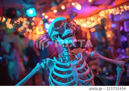 A skeleton is wearing sunglasses and dancing in a party, and the party setting adds to the overall mood of the scene 123732434