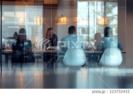 A group of people are sitting around a table in a conference room A group of people are sitting around a table in a conference room 123732435