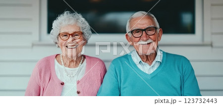 Joyful Elderly Couple Sitting on a Bench Together Joyful Elderly Couple Sitting on a Bench Together 123732443
