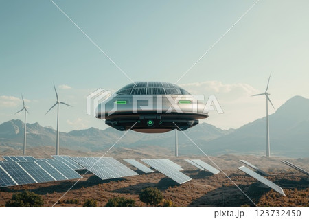 Futuristic Green Energy Hovercraft Flying Over Solar Panels and Wind Turbines, Ideal for Sustainable Transportation Banner 123732450