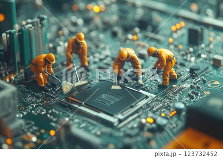Miniature Workers Performing Maintenance on Circuit Board 123732452