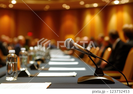 Microphone on Table at Conference with Blurred Audience in Background and Water Bottles 123732453