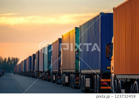 Trucks with Colorful Containers at Sunset Trucks with Colorful Containers at Sunset 123732459