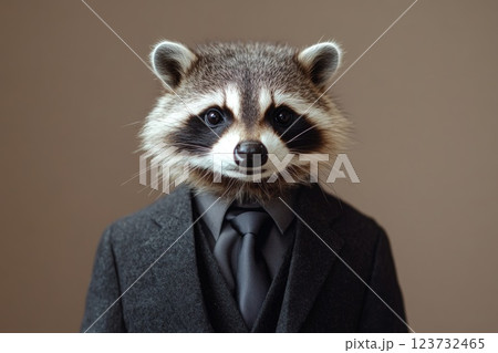 A raccoon is wearing a suit and tie and smiling 123732465