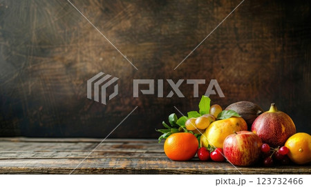 Farm Fresh Fruits Display on Rustic Wooden Table for Product Showcase and Advertising with Copy Space 123732466