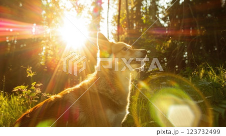 Radiant canine superpower activation in sunlit forest clearing 123732499