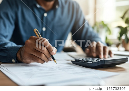 Man Analyzing Financial Reports with Calculator Man Analyzing Financial Reports with Calculator 123732505