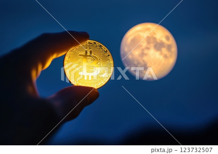 Golden Bitcoin Coin in Hand Against Bright Full Moon at Night Sky Background 123732507