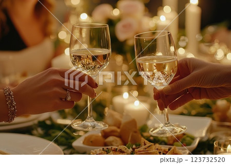 Two people are holding up their wine glasses to toast 123732520