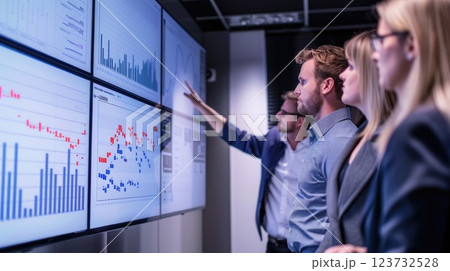 A group of people are looking at a large screen with graphs and charts 123732528