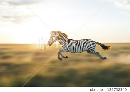 Striking Zebra Caught Mid Jump Across Grassy Plain Under Bright Sky at Sunset Striking Zebra Caught Mid Jump Across Grassy Plain Under Bright Sky at Sunset 123732540