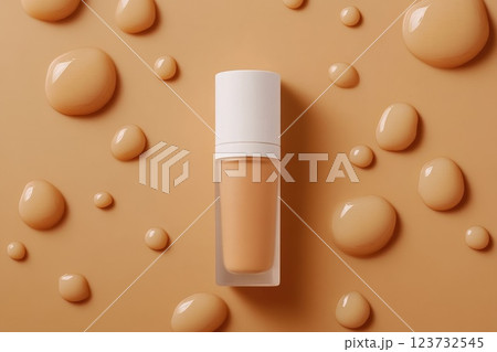 High-End Cosmetic Product Displayed with Liquid Drops on a Smooth Background 123732545