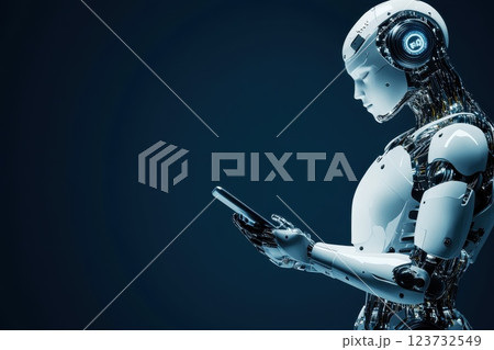 Futuristic AI Medical Assistant Interacting with Device in High-Tech Environment 123732549