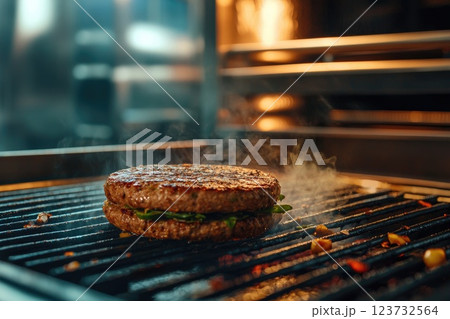Juicy Burger Cooking on Hot Grill in Restaurant Kitchen Juicy Burger Cooking on Hot Grill in Restaurant Kitchen 123732564