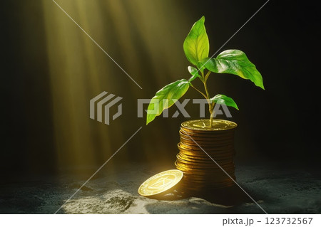 Growth and Prosperity: A Green Plant Emerging from a Stack of Gold Coins Under Soft Light Symbolizing Wealth and New Beginnings Growth and Prosperity: A Green Plant Emerging from a Stack of Gold Coins Under Soft Light Symbolizing Wealth and New Beginnings 123732567
