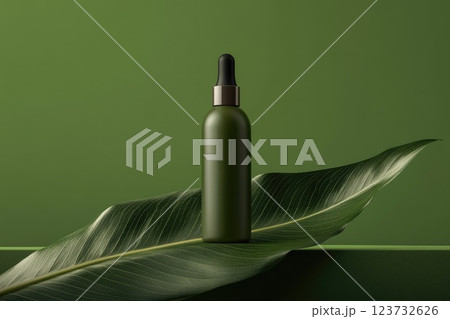 A green bottle of perfume is sitting on a leaf 123732626