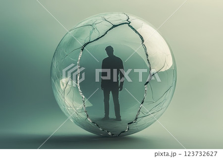 Man Standing Inside a Cracked Transparent Sphere Symbolizing Isolation and Vulnerability 123732627