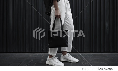 A woman is holding a black purse while standing on a sidewalk A woman is holding a black purse while standing on a sidewalk 123732651