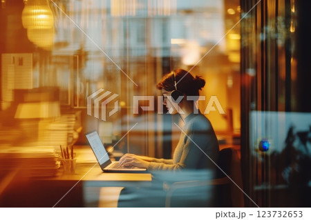 Young woman working on laptop with headphones in modern workspace during warm evening light Young woman working on laptop with headphones in modern workspace during warm evening light 123732653