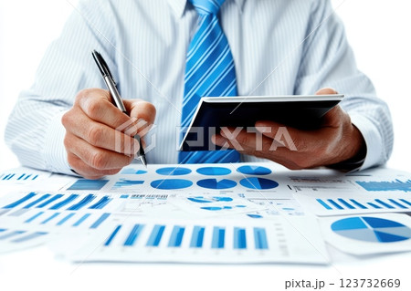 Professional Financial Consultant Analyzing Comprehensive Data Report with Graphs and Charts for Strategic Decision-Making in a Modern Office Environment 123732669