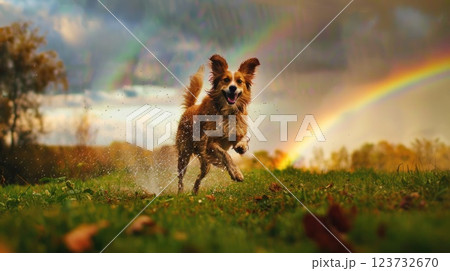 Happy Dog Playing in Rain Under Rainbow on Green Hill, Joyful Pet Enjoying Autumn Weather Amid Nature's Beauty Happy Dog Playing in Rain Under Rainbow on Green Hill, Joyful Pet Enjoying Autumn Weather Amid Nature's Beauty 123732670