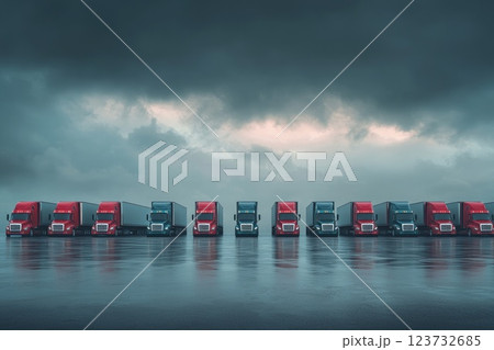 Row of Colorful Trucks Parked in a Rain-Drenched Lot Against a Dramatic Stormy Sky with Low Clouds and Moody Lighting Row of Colorful Trucks Parked in a Rain-Drenched Lot Against a Dramatic Stormy Sky with Low Clouds and Moody Lighting 123732685