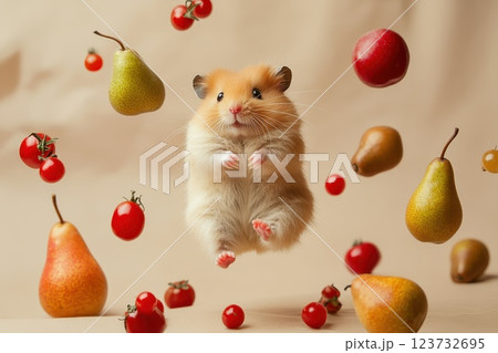 Fluffy Hamster Levitating Amid Floating Pears and Vibrant Tomatoes in Playful Composition Fluffy Hamster Levitating Amid Floating Pears and Vibrant Tomatoes in Playful Composition 123732695