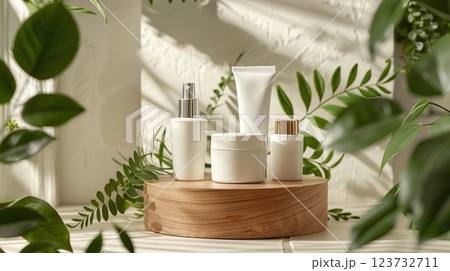 White cosmetic tubes displayed on wooden podium with skincare products and foliage, Perfect for copy space branding 123732711
