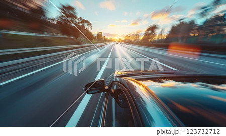 A car is driving down a highway with a sunset in the background 123732712