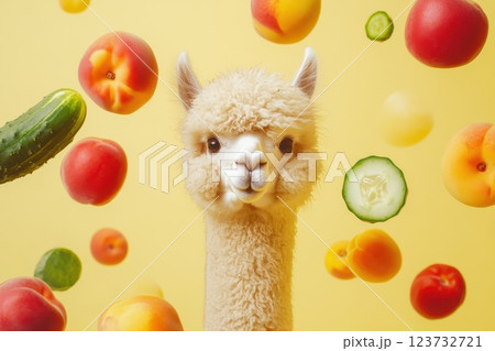 Fluffy Alpaca Floating Weightlessly Surrounded by Colorful Fruits and Vegetables in a Bright Setting Fluffy Alpaca Floating Weightlessly Surrounded by Colorful Fruits and Vegetables in a Bright Setting 123732721