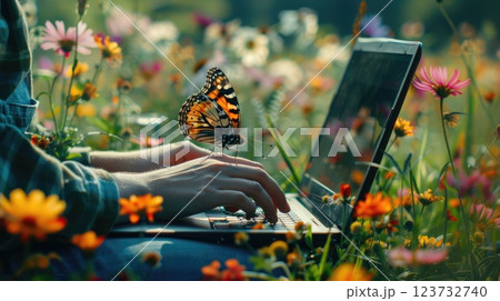 Person working on laptop surrounded by flowers with butterfly, Tech in nature, Work environment 123732740