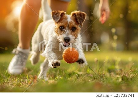 Happy Puppy and Owner Bonding in Playful Moment with Ball Returning 123732741