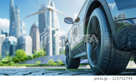 Sustainable Transportation Concept, Close-up of Car Tire with Green Energy Elements in Modern Cityscape Background 123732745
