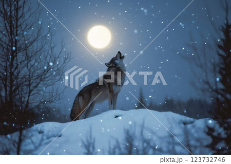 A majestic wolf howls atop a snow-covered hill under the glow of a full moon 123732746