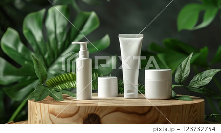 Beauty and elegance, White cosmetic tubes display on wooden podium with skincare products and leaves, Copy space for Ads 123732754
