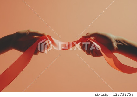 Hands Creating Shapes with Pink Ribbon 123732755