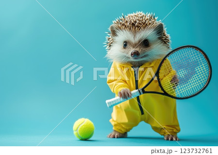 Playful Hedgehog in Sporty Yellow Outfit Holding Tennis Racket with Tennis Ball on Bright Blue Background 123732761