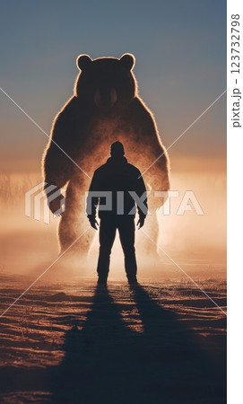 A man stands in front of a bear, which is much larger than him, Concept of danger and fear 123732798