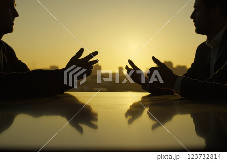 Executives Engaged in Dynamic Discussion Against a Stunning Sunset Silhouette Executives Engaged in Dynamic Discussion Against a Stunning Sunset Silhouette 123732814