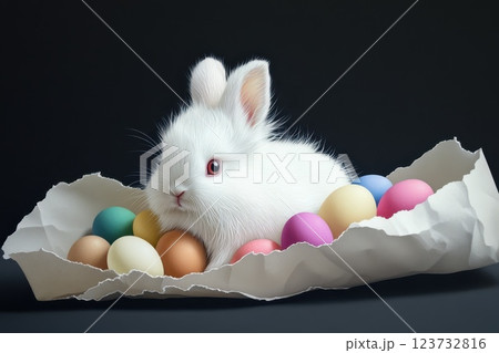 Adorable White Rabbit Nestled Among Colorful Easter Eggs on Dark Background 123732816