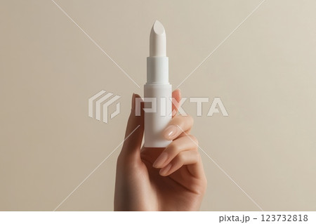 Hand Holding Minimalist Cosmetic Lipstick on Neutral Background 123732818