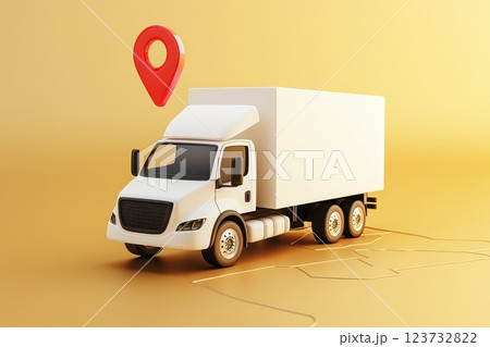 White Logistics Truck with Digital Map Pin on Yellow Background White Logistics Truck with Digital Map Pin on Yellow Background 123732822